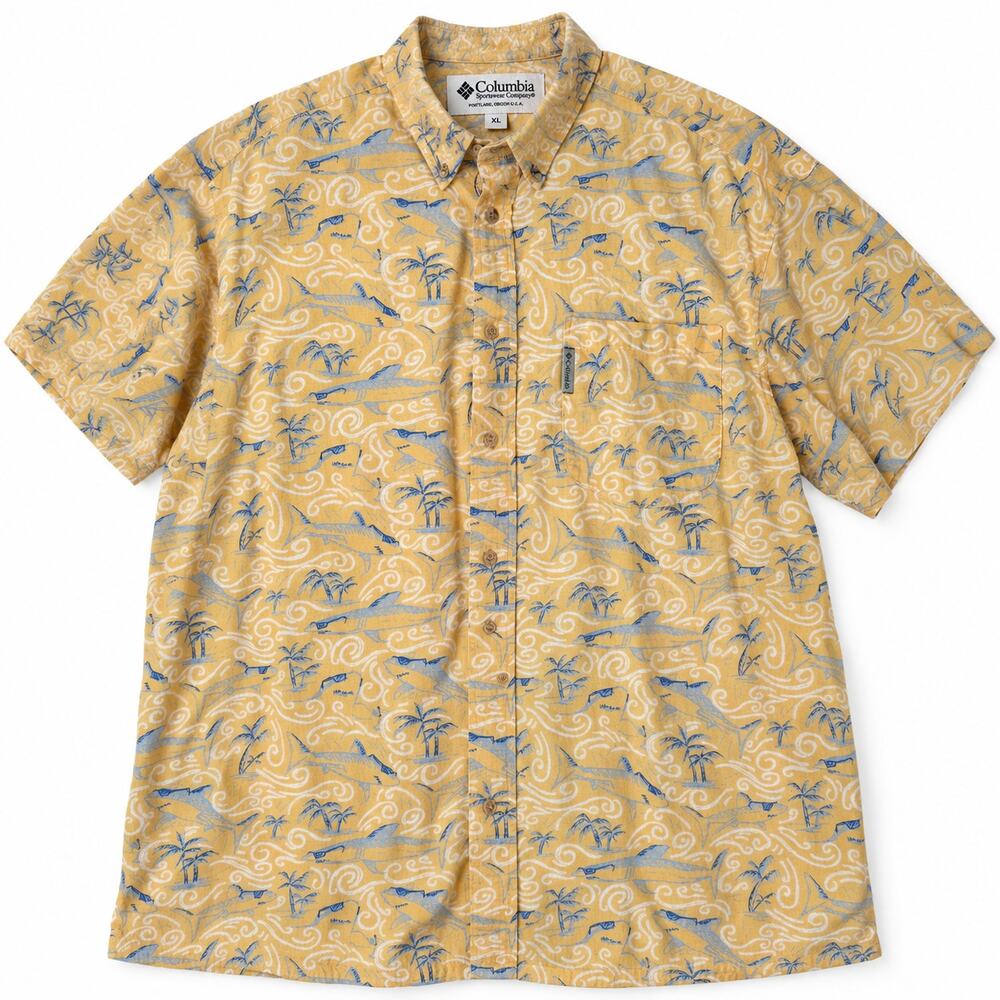 Columbia Sportswear XL Shark Palm Tree Hawaiian Shirt Yellow 100% Cotton